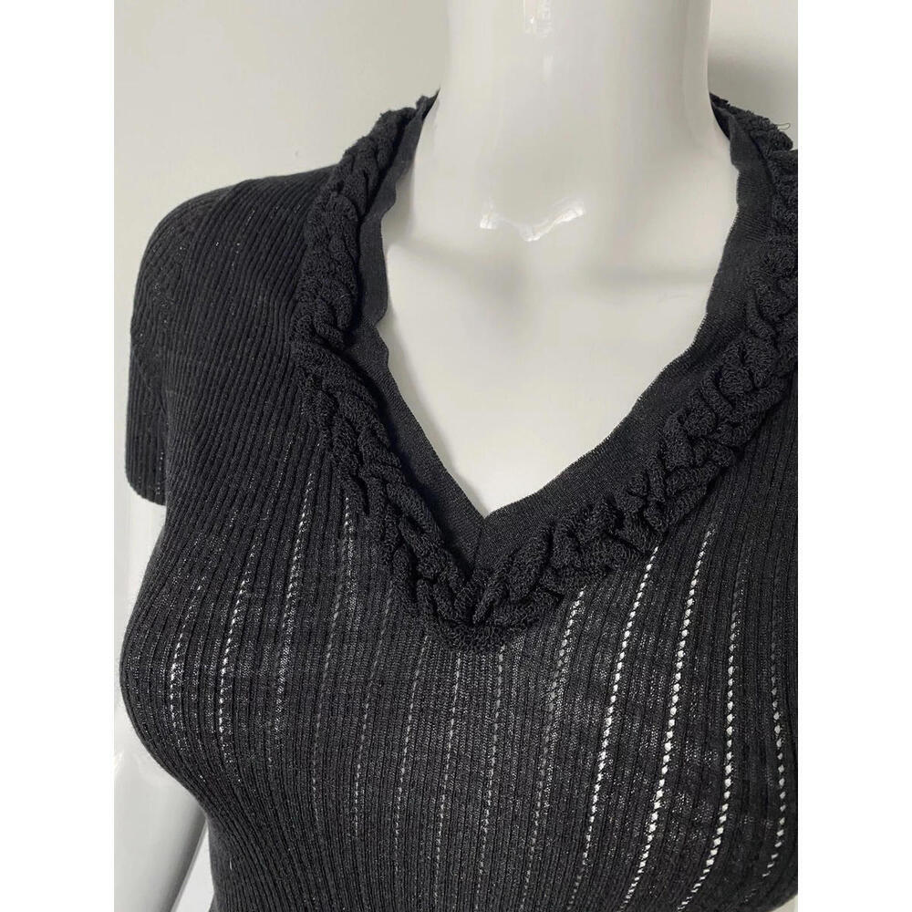 2009 CHANEL 09P Black Rib Knit Top V-Neck Shirt FR-34 US-2 Cotton Short Sleeve - Picture 3 of 7